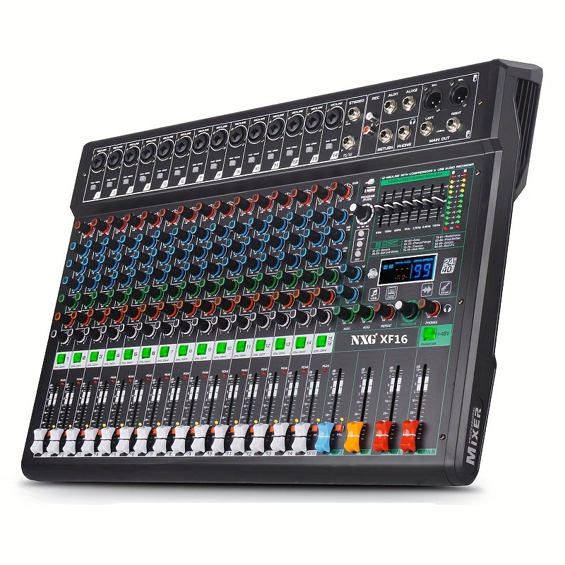 'NXG XF8/12/16 Professional Mixer Soundboard 8/12/16 kanalli, USB MP3 kompyuter kirishi, 48V fantom quvvati, 99 ta reverb effektlari va yozish funksiyasi bilan.'