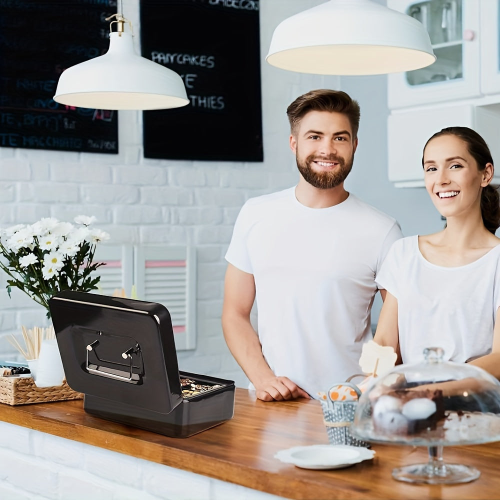 Caja de dinero de metal negra impermeable con cerradura de llave y bandeja extraíble de 6 pulgadas
