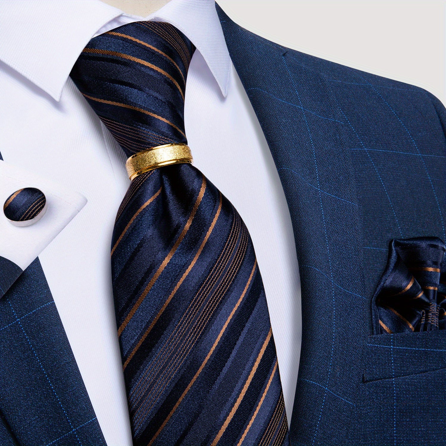 Men's Classic Striped Tie Set with Handkerchief Cufflinks and Ring for Business Formal Weddings