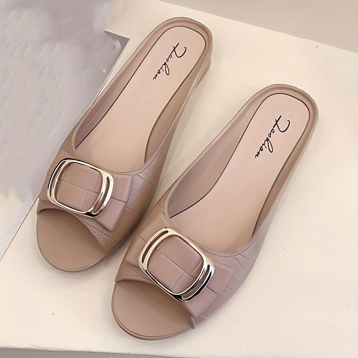 Women's Summer PVC Slide Sandals Open Toe Black with Gold Buckle Non-Slip Sole