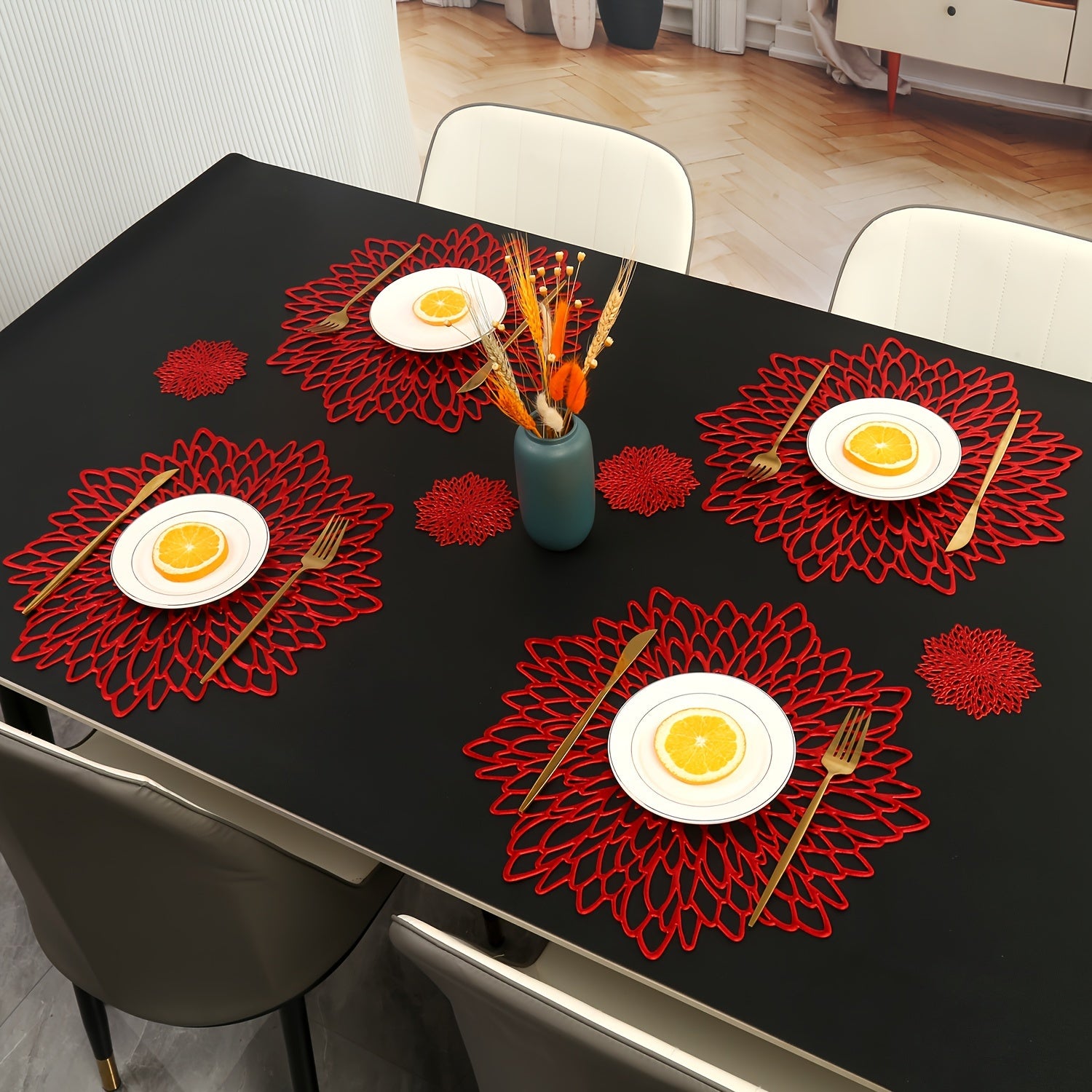 Сет подставок под горячее и коастеров с цветами гибискуса для отелей, ресторанов и кухонь. Устойчивы к теплу и не скользят. Доступны в наборах по 4, 8, 12 и 16 штук.