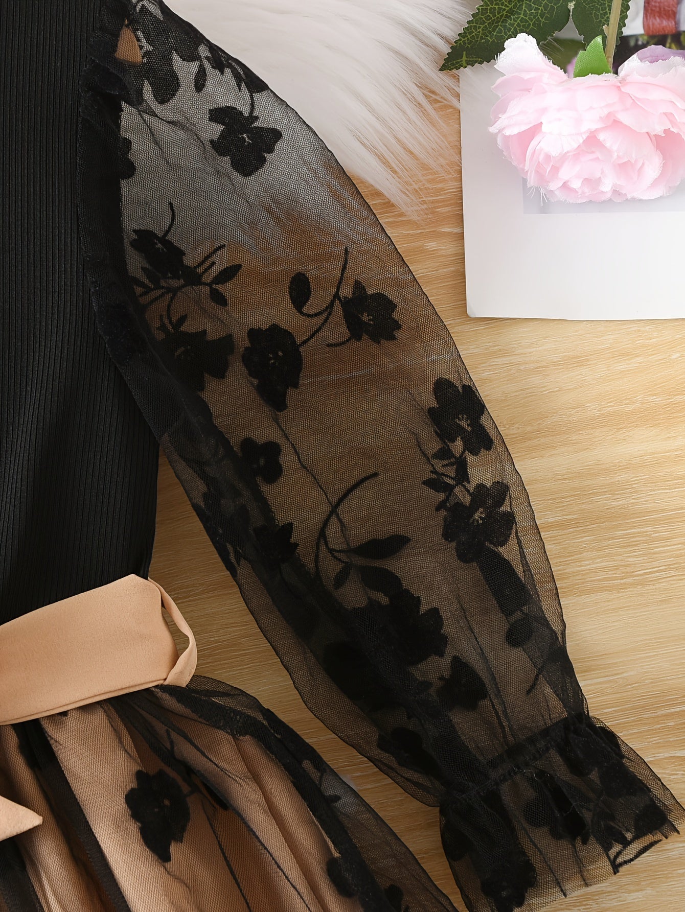 Girls' Floral Mesh Dress Long Sleeve Fall Casual with Belt