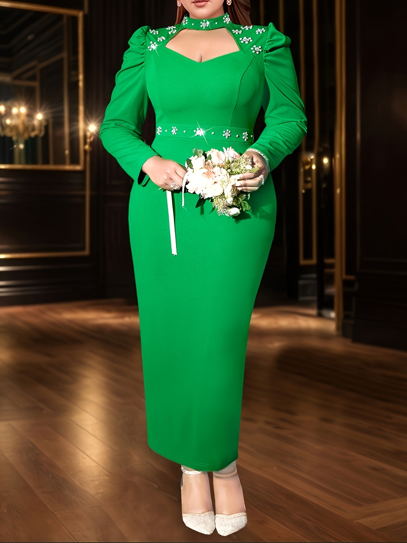 Plus Size Women's Beaded Long Sleeve Mermaid Evening Gown V-Neck Banquet Dress