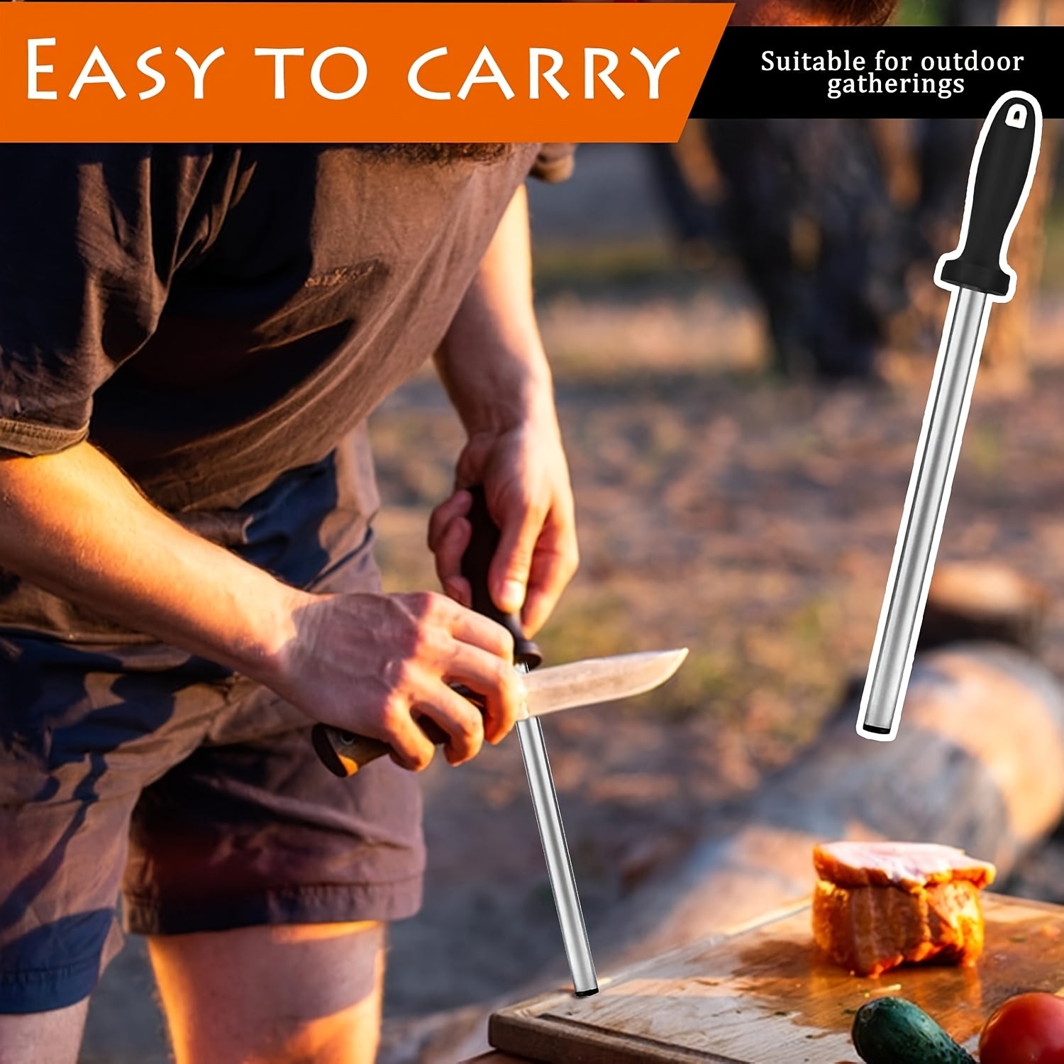 8-Inch Diamond Coated Knife Sharpening Steel with Black Handle for Kitchen Knives