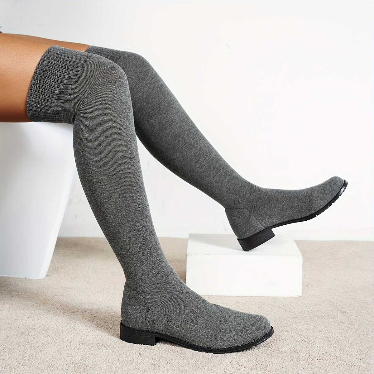 Women Elastic Knee-High Boots Long Knitted Over-The-Knee Flat