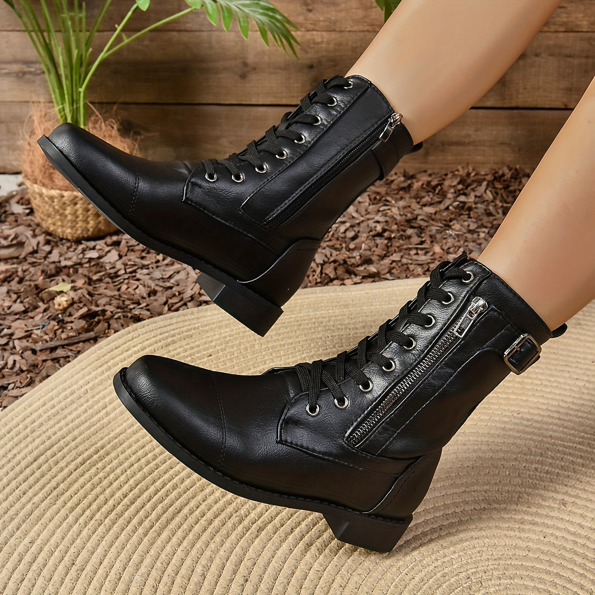 Women's Motorcycle Boots Mid-Calf Leather Zipper Buckle Casual