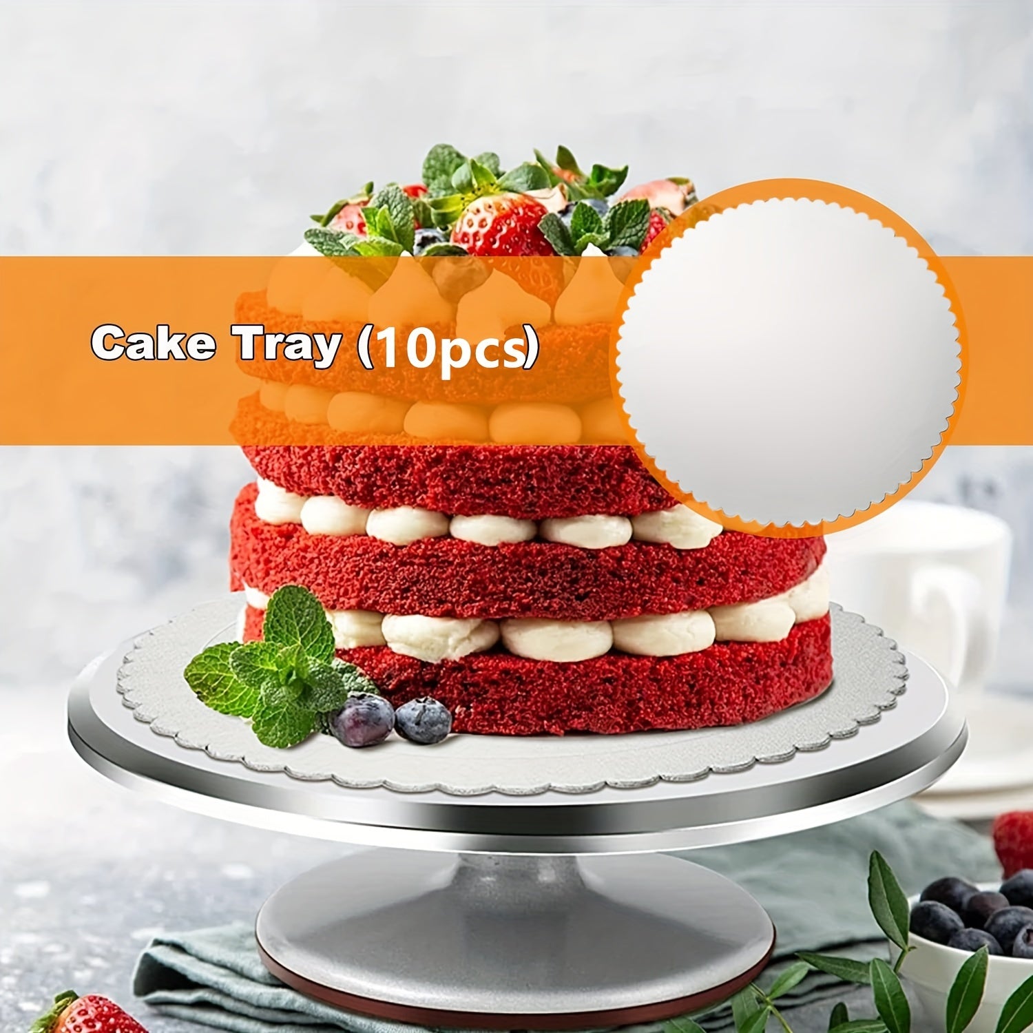 Set of 10 Silver Round Cake Boards with Scallop Edge, Disposable, Grease Proof