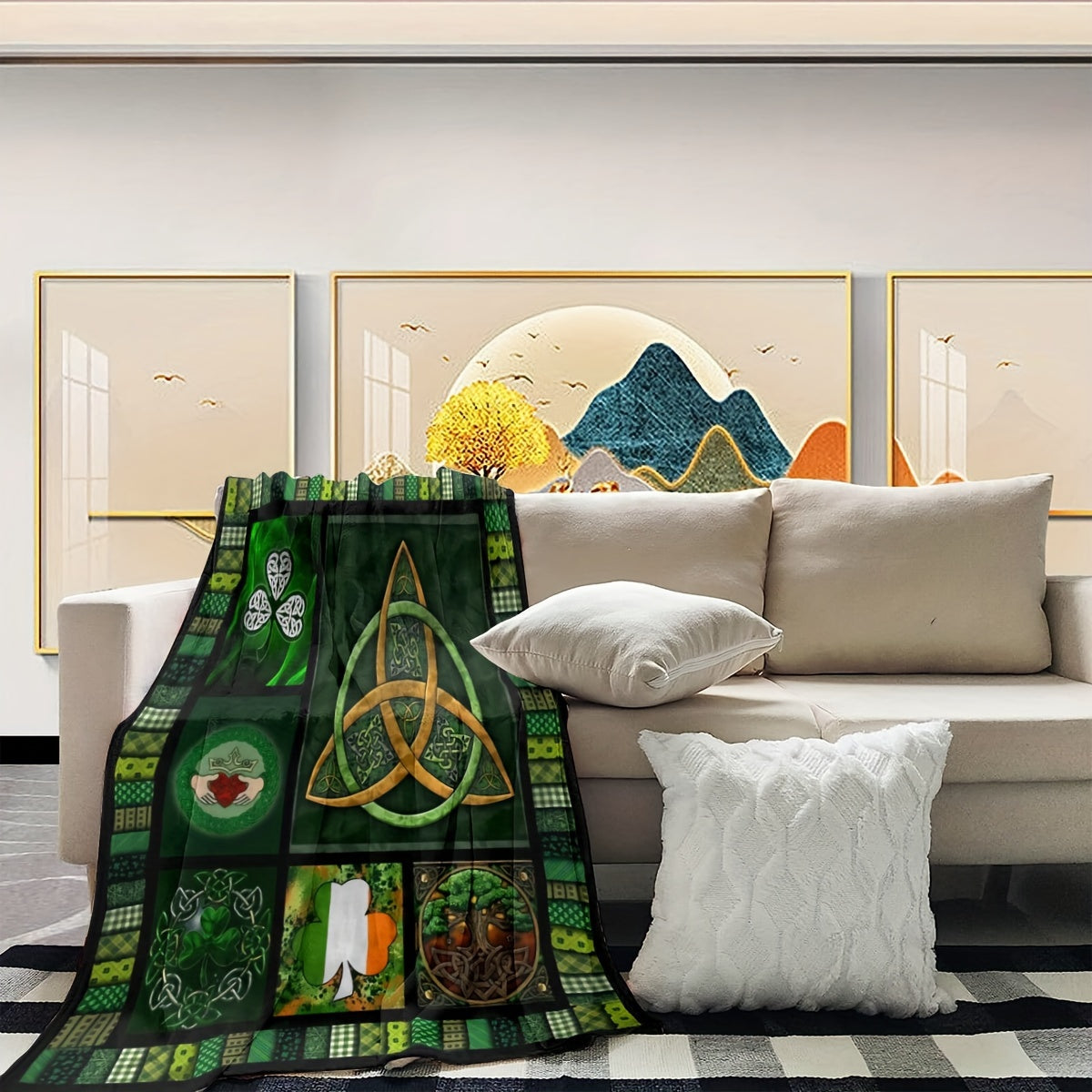 Flannel Fleece Blanket with Celtic Triquetra and Clover Motifs Green Black Seasonal Comfort