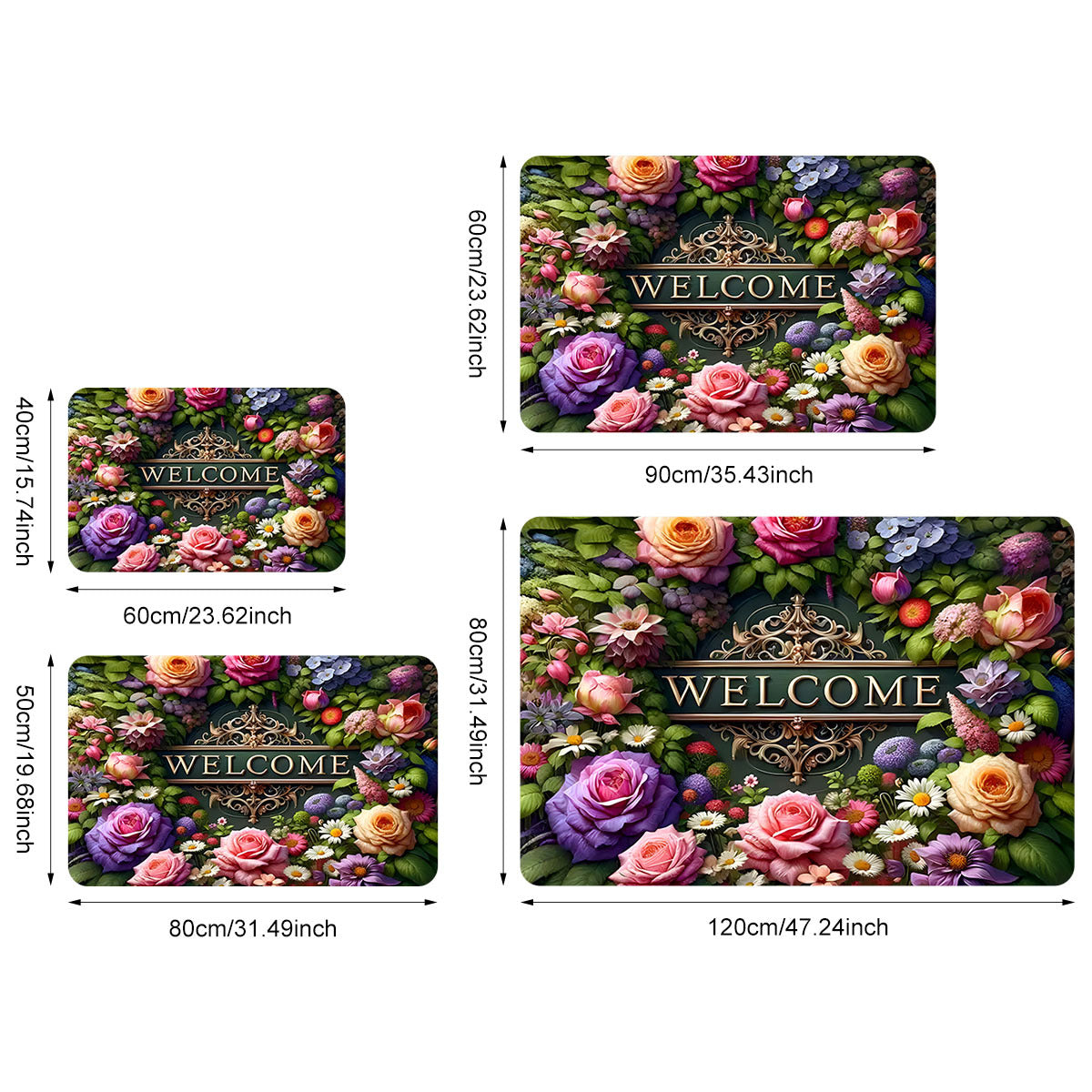 Floral Doormat Non-Slip Washable Indoor Outdoor Stain Resistant Rectangular