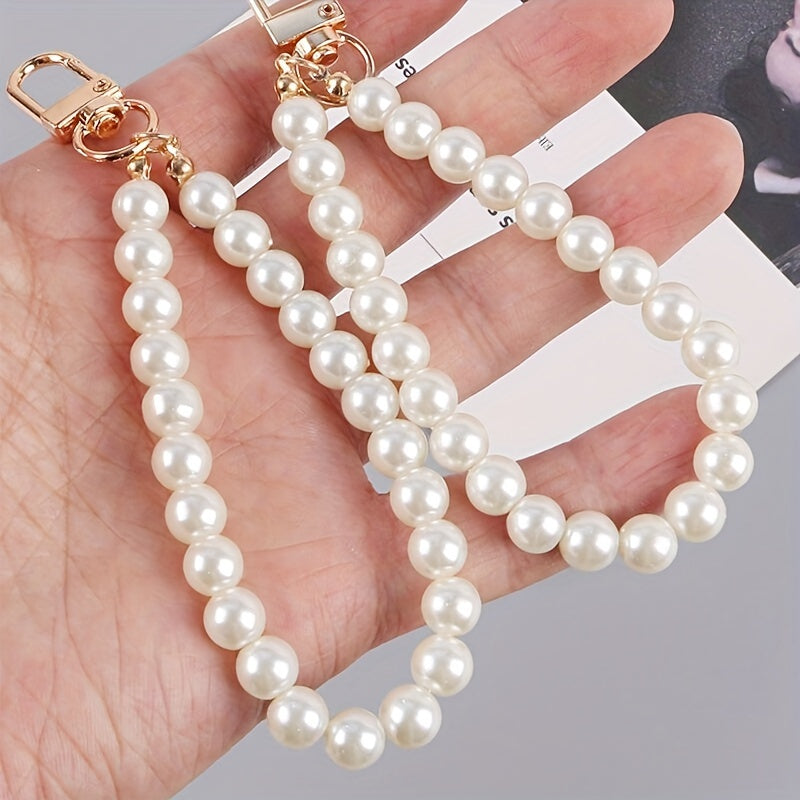 Women's Pearl Keychain Glass Bead Bag Charm with Gold Clasp