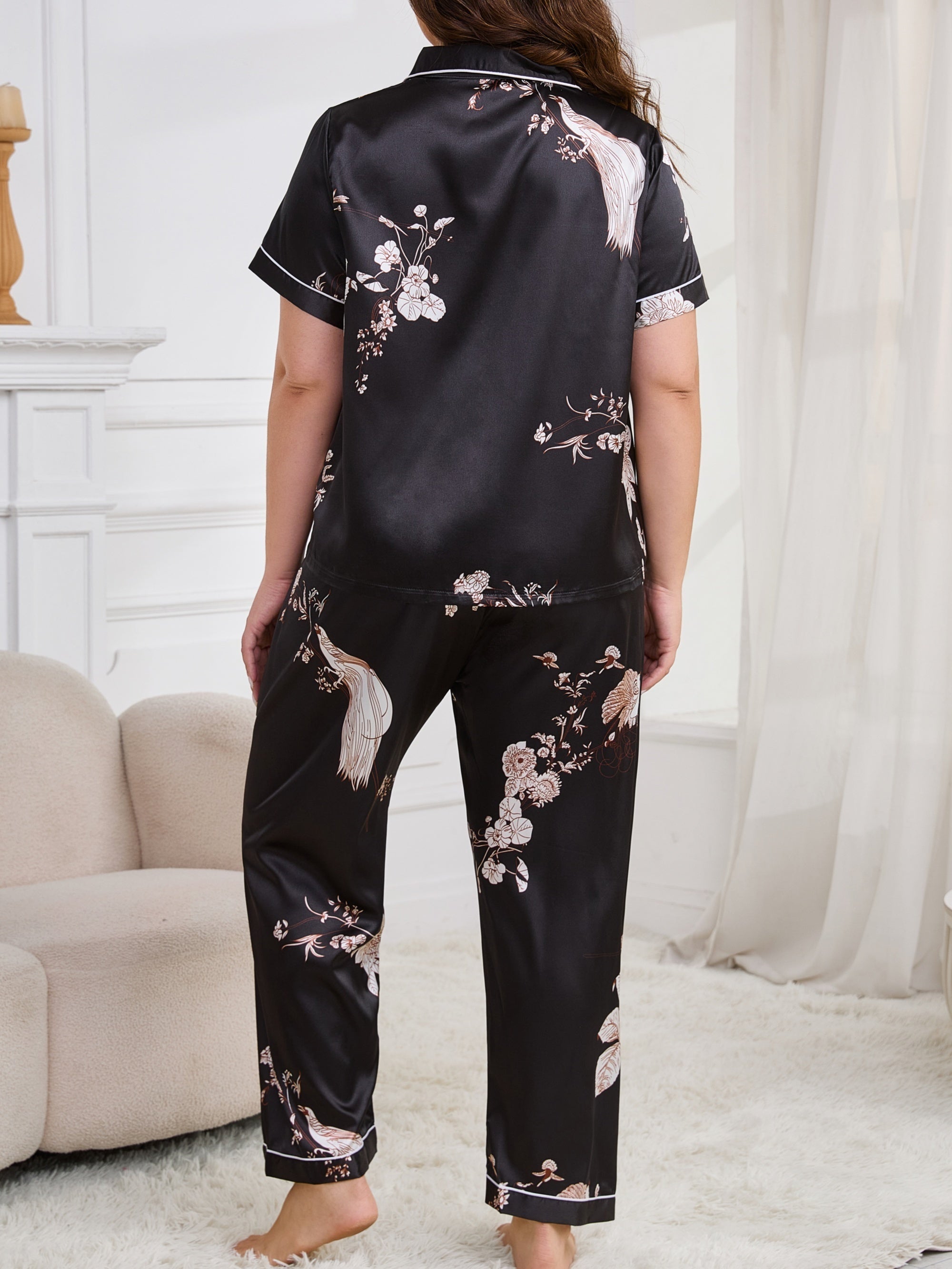 Women's Plus Size Satin Floral Print Pajama Set Short Sleeve Long Pants