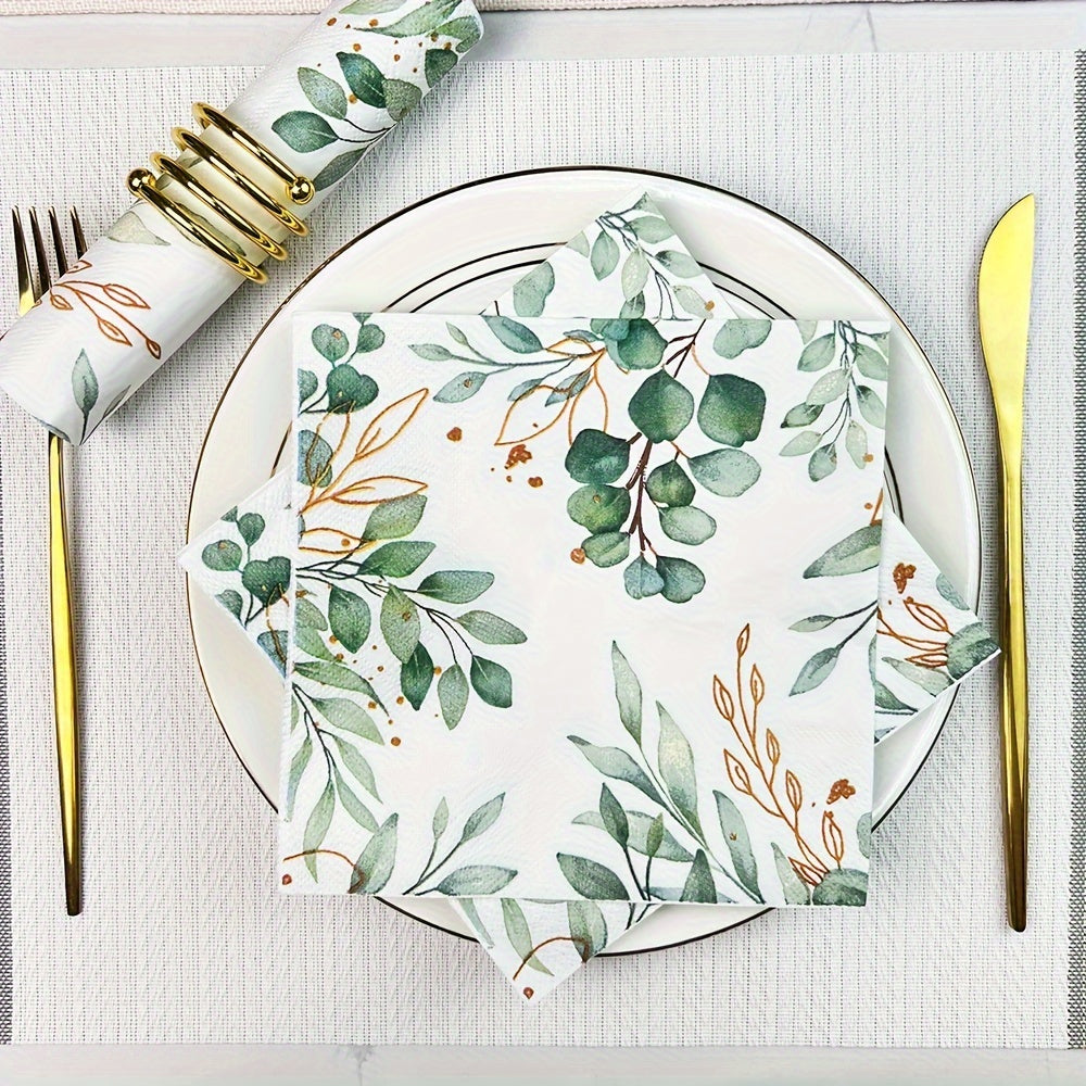 60 Элегантных салфеток из эвкалипта и золотого листа - Мягкие и впитывающие 2-слойные бумажные полотенца для гостей на вечеринки, свадьбы, дни рождения, детские праздники - Стильный зеленый и золотой дизайн, прочные и устойчивые к разрывам, 33,02x33,02 см