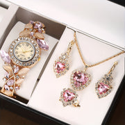 Women's Quartz Watch with Pink Gemstones and Rhinestone Jewelry Set