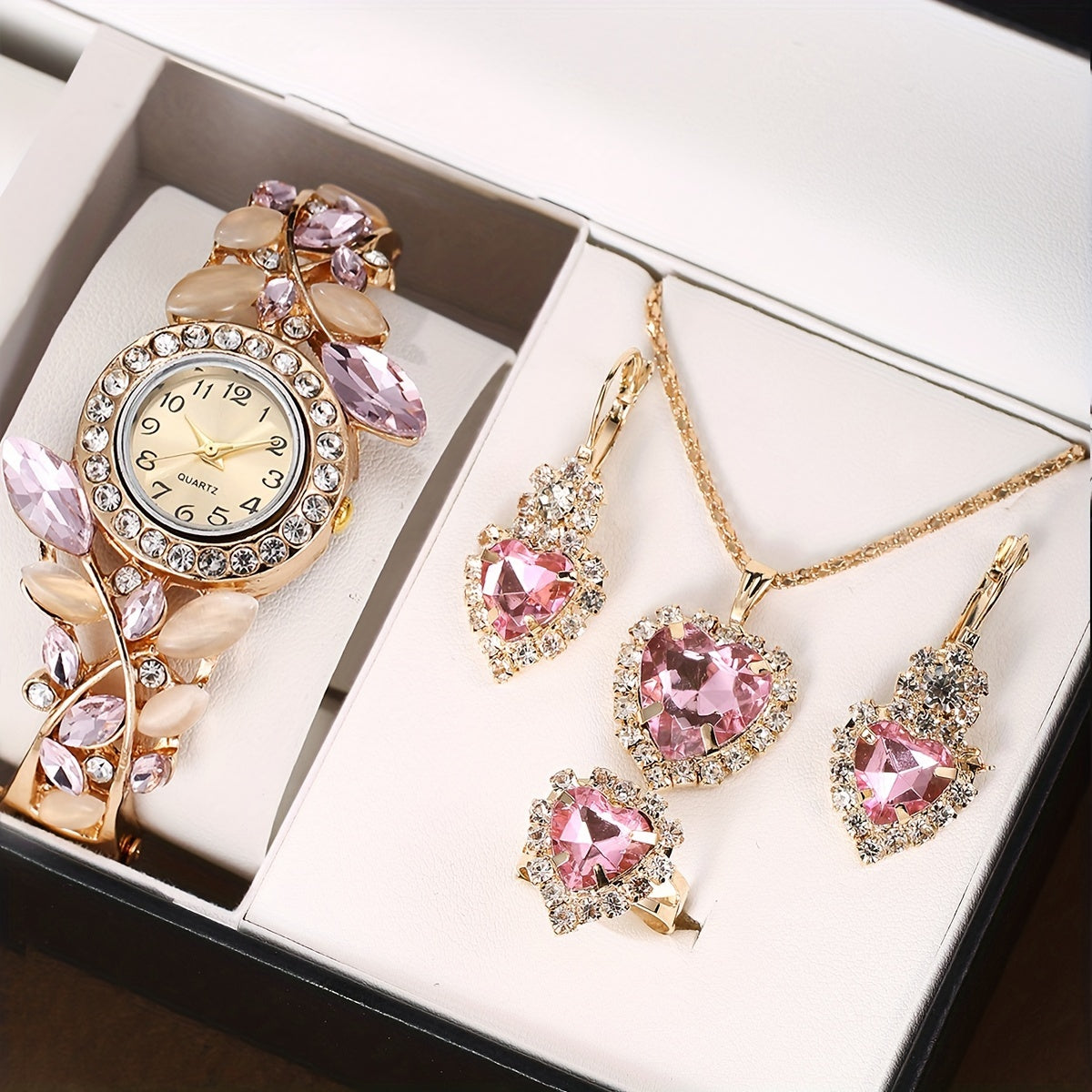 Women's Quartz Watch with Pink Gemstones and Rhinestone Jewelry Set