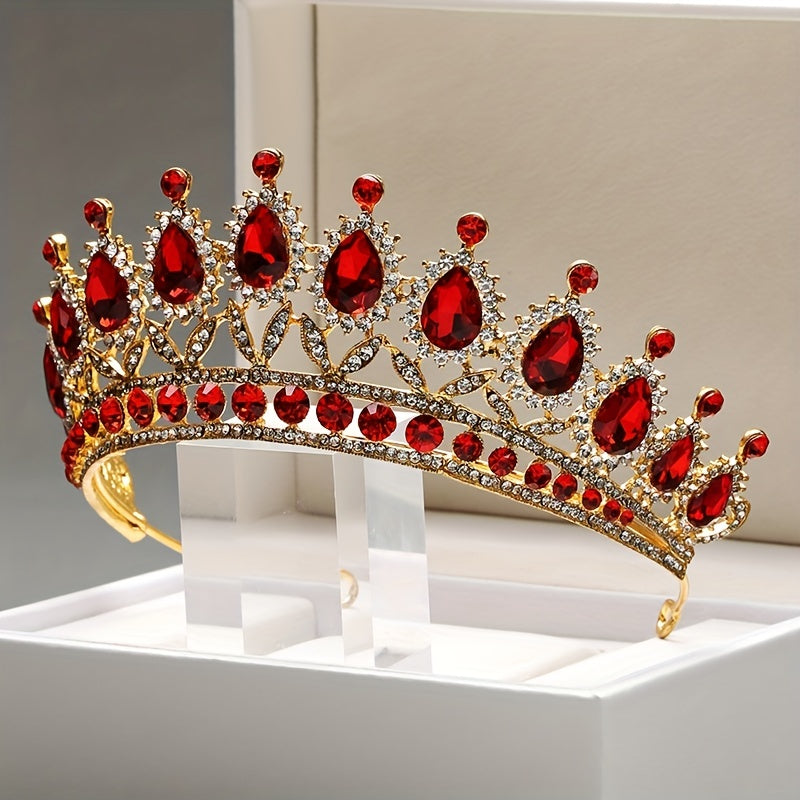 Red Crystal Alloy Queen's Crown Tiara Headband for Bridal Wedding Party