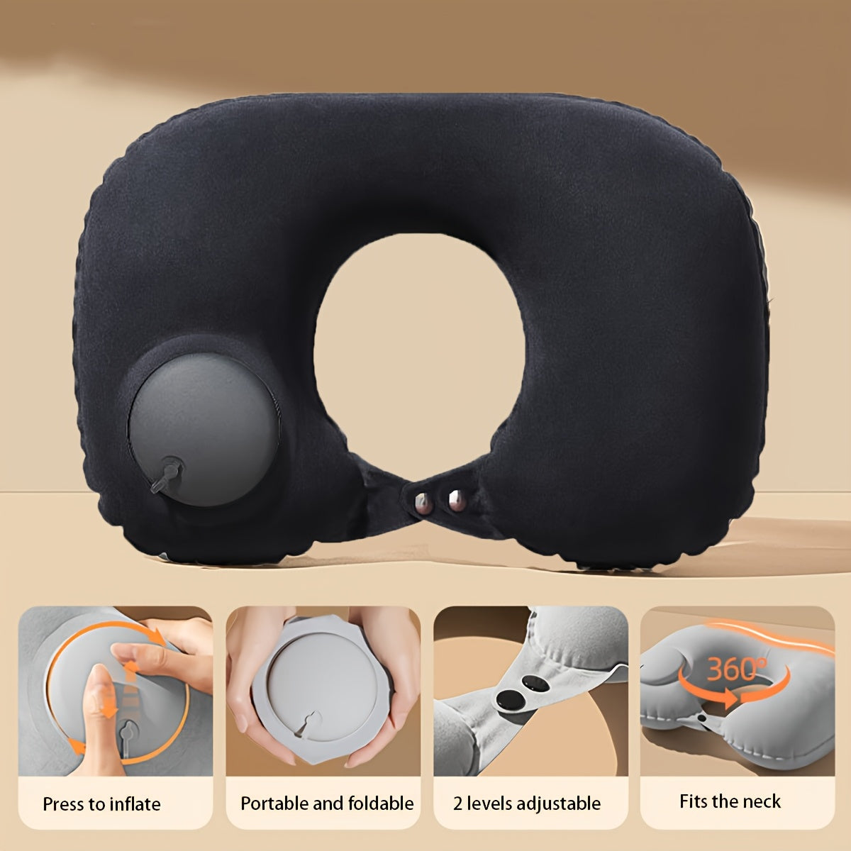 Grey Travel Inflatable U-Shaped Neck Pillow with Adjustable Air Pressure for Travel and Car