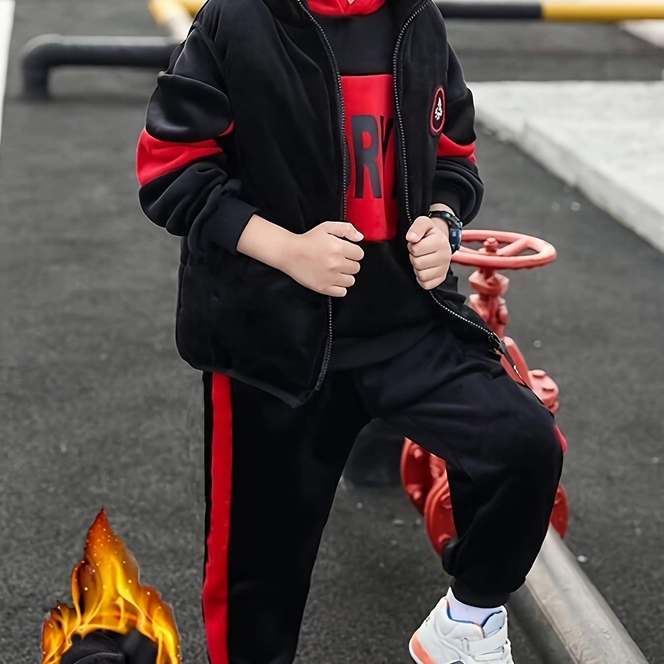 Boys Winter Three-Piece Set Hoodie Vest Pants Casual Sporty Warm Velvet for Medium to Large Children