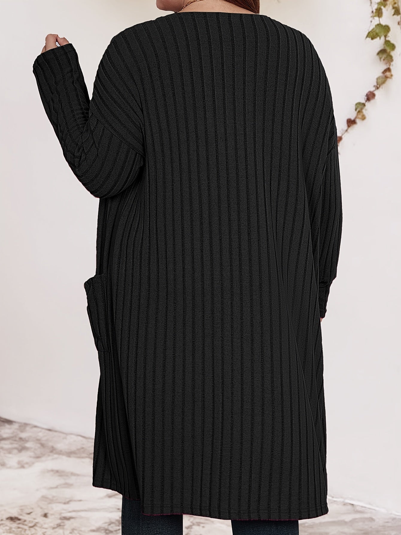 Plus Size Ribbed Open Front Knit Top Long Sleeve Spring Fall Women's Clothing