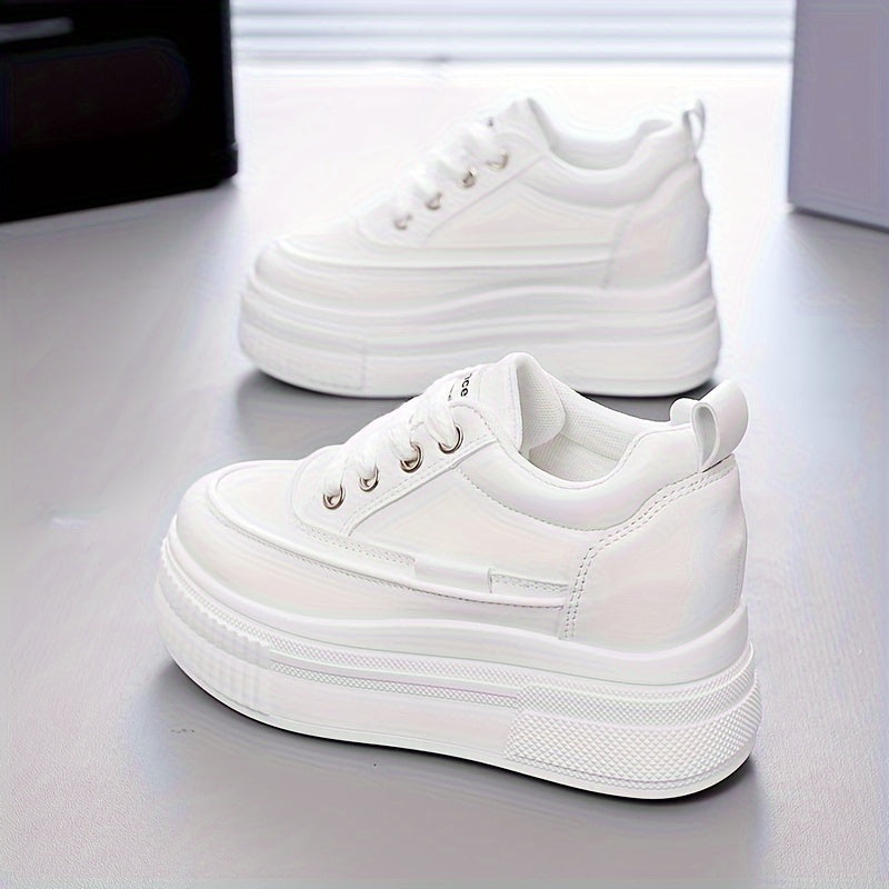 Women's White Platform Skate Shoes, Lace-Up Low Tops, Casual Sneakers
