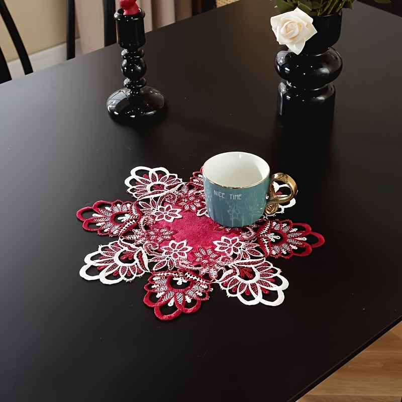 Embroidered Lace Border Polyester Table Mat 50cm Diameter for Home Decor and Events