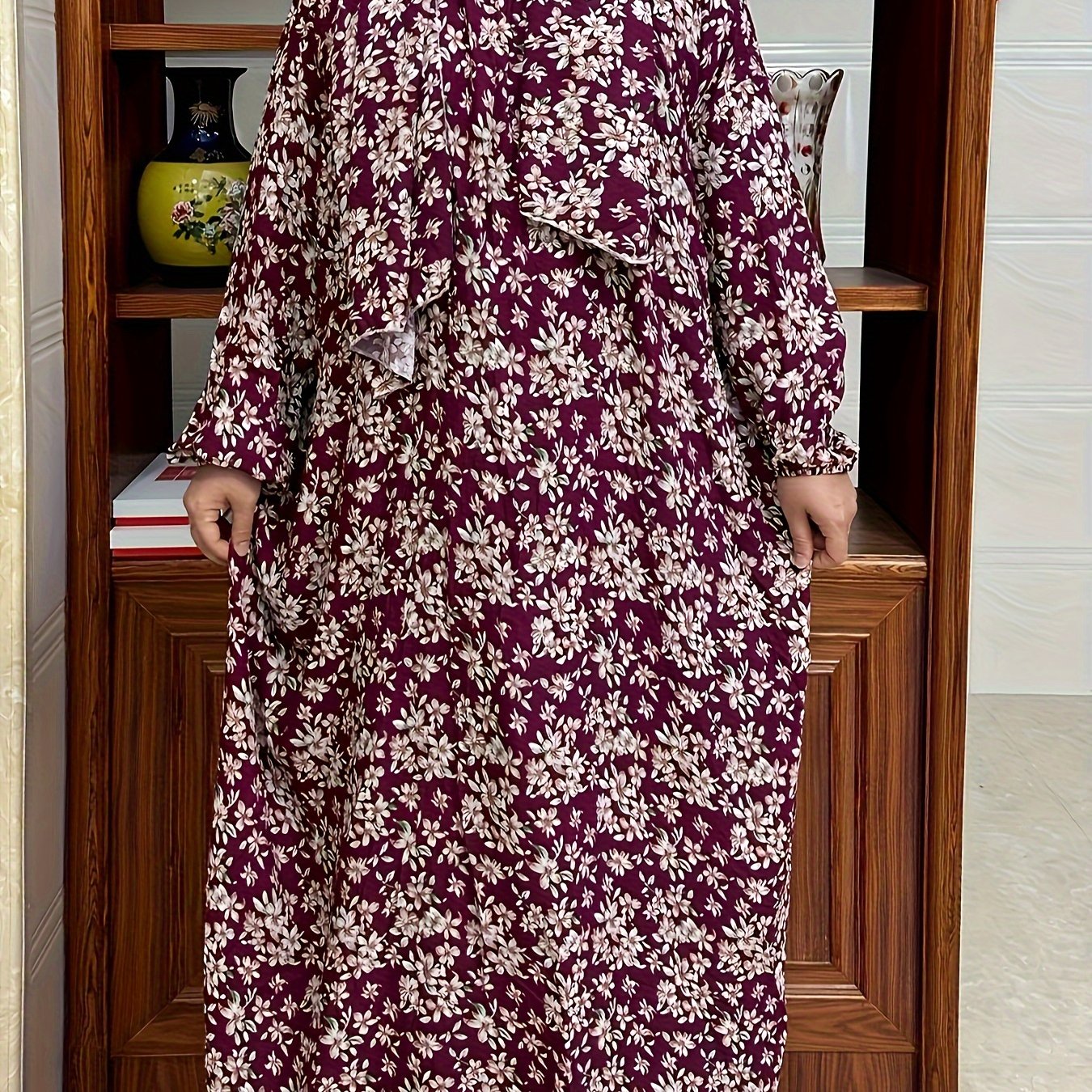 Plus Size Floral Maxi Dress Long Sleeve Hijab Cover-Up Women