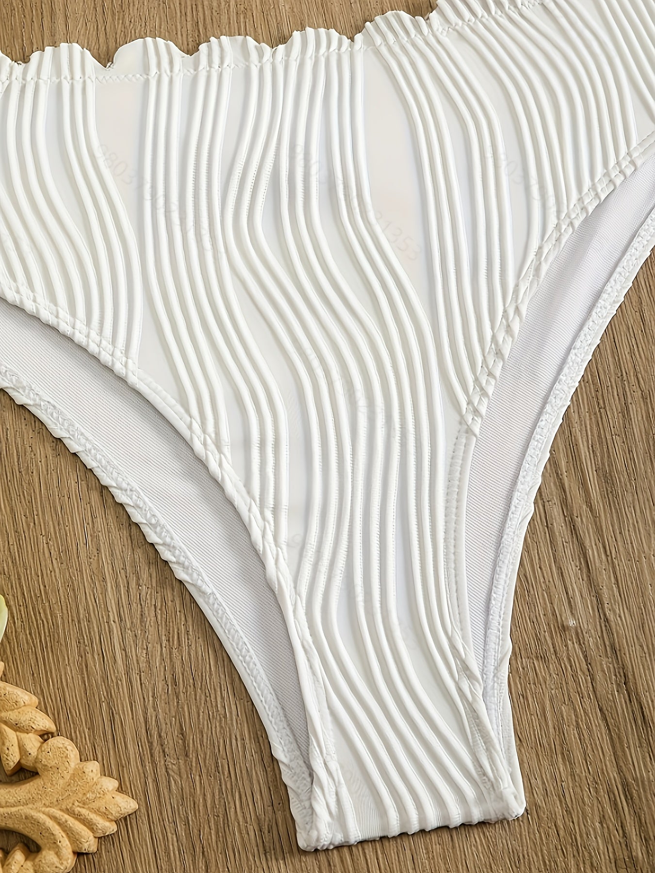 Conjunto de bikini de poliéster de alta elasticidad con detalles de perlas, sin mangas, tejido de punto, color sólido