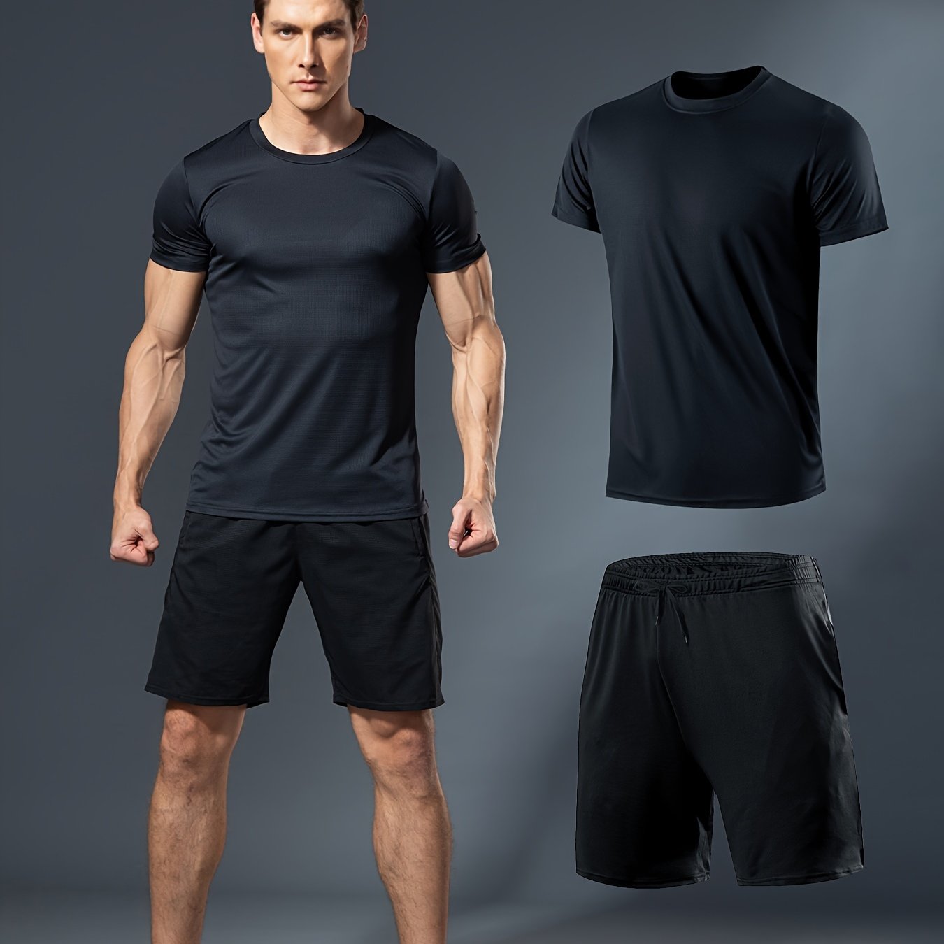 Men's Summer Fitness Set White T-Shirt Black Shorts Lightweight Quick-Dry Breathable Polyester Sportswear