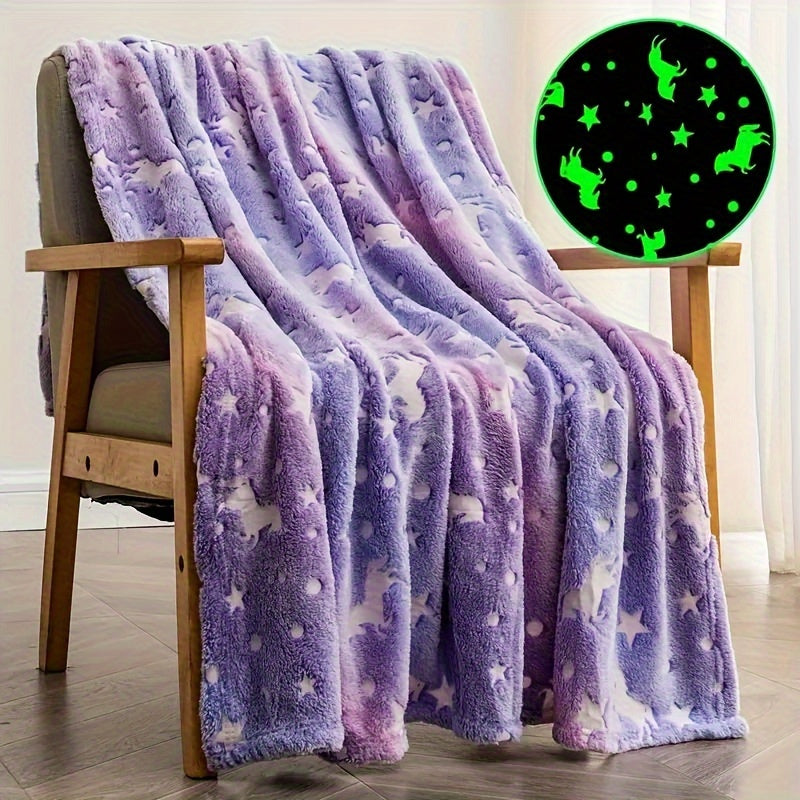 Unicorn and Star Pattern Glow-in-the-Dark Plush Throw Blanket for Kids and Adults
