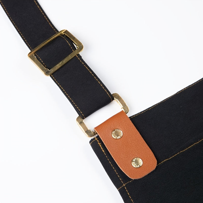 Ko'p maqsadli suv o'tkazmaydigan kanvas apron, sun'iy charm aksentlar bilan, oshxona, catering va sut choyi do'konlari uchun mukammal. Mustahkam polyester materialdan tayyorlangan va zamonaviy bir rangli dizaynga ega.