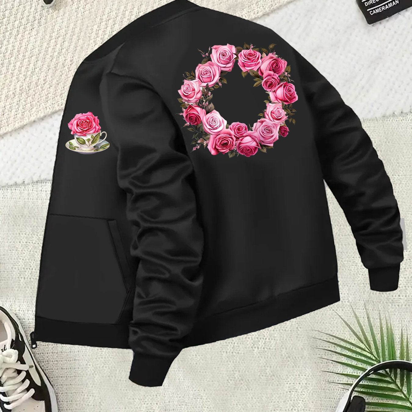 Plus Size Women's Casual Baseball Collar Jacket Lightweight Zip-Up All-Season Black Floral Print