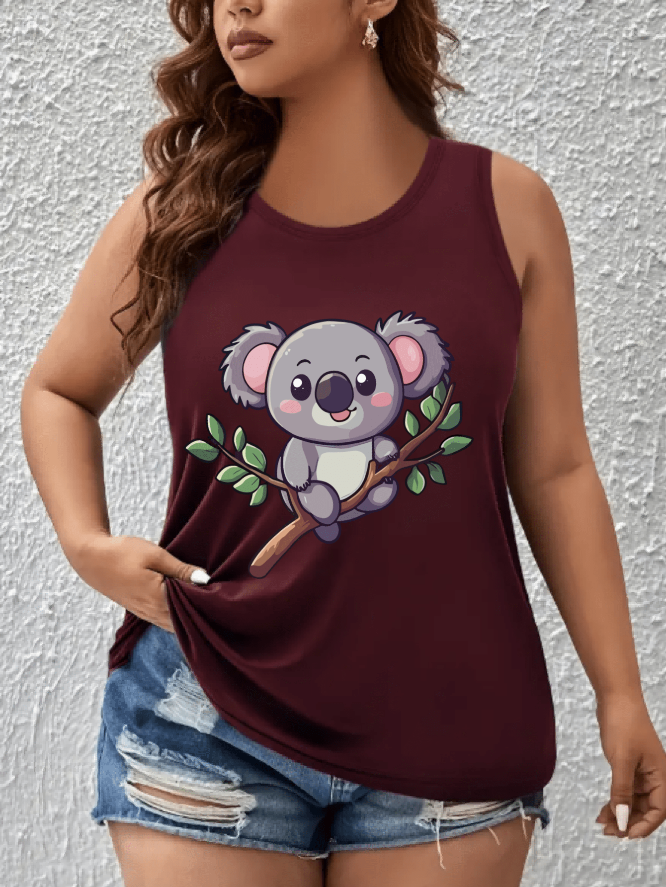 Plus Size Women's Breathable Cotton Tank Top with Cartoon Koala Light Blue