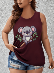 Plus Size Women's Breathable Cotton Tank Top with Cartoon Koala Light Blue