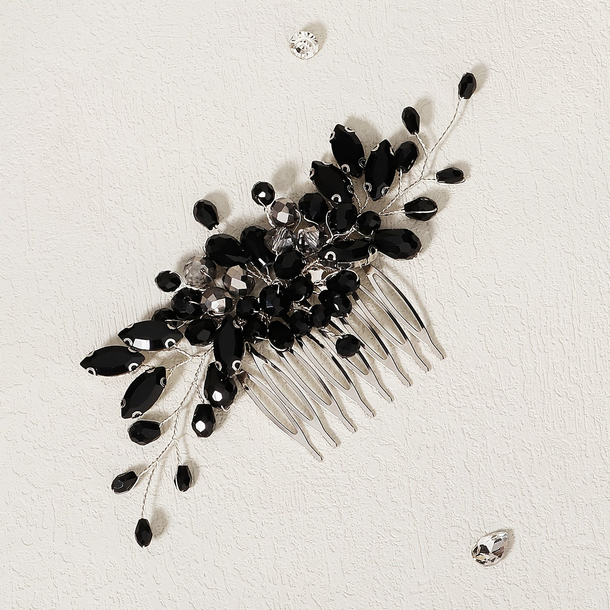Black Hair Comb with Bridal Crystal Rhinestones and Bead Hair Clip for Weddings