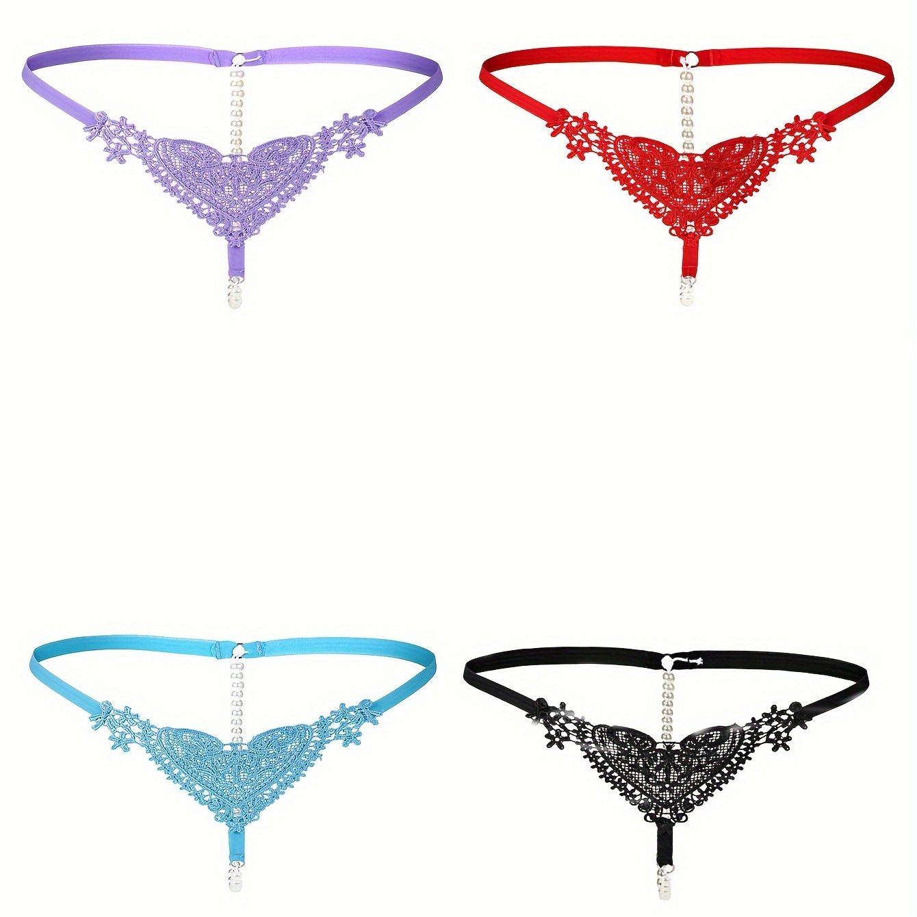 Women's Low-Rise Pearl Embellished Thong Lingerie with Hollow Out Design