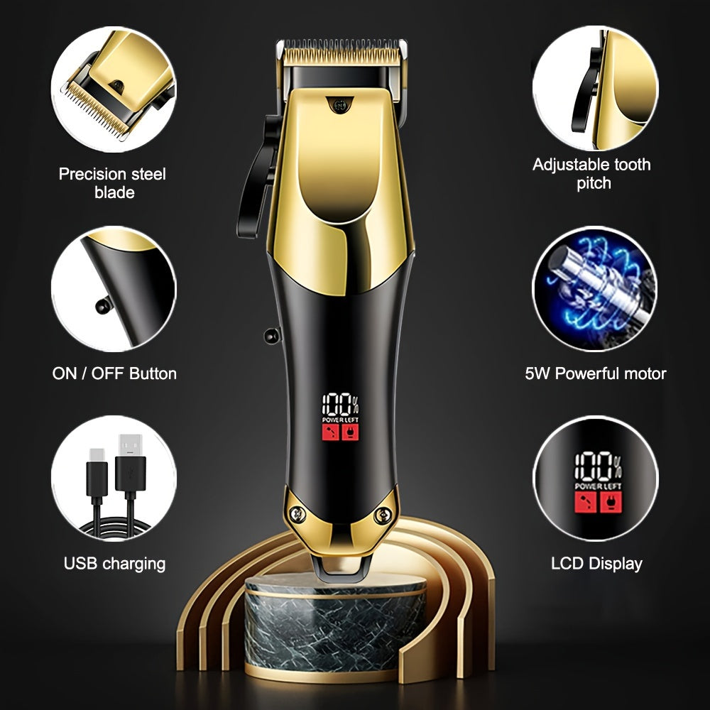 Golden Hair Clipper Set for Men with LCD Display Rechargeable Grooming Kit Home Haircutting Tool