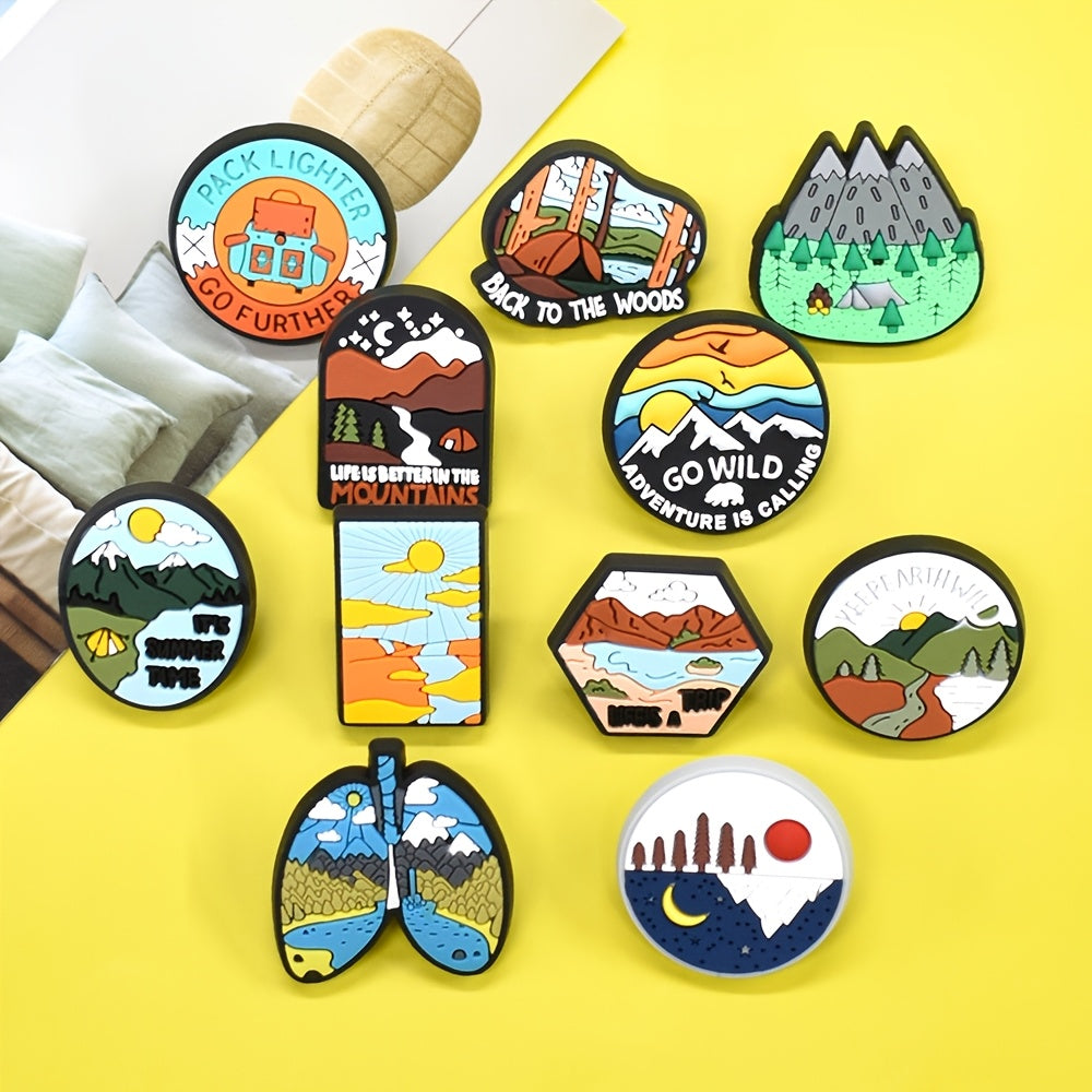 Set of 16 Adventure Themed Plastic Brooch Pins for Travel and Nature Enthusiasts