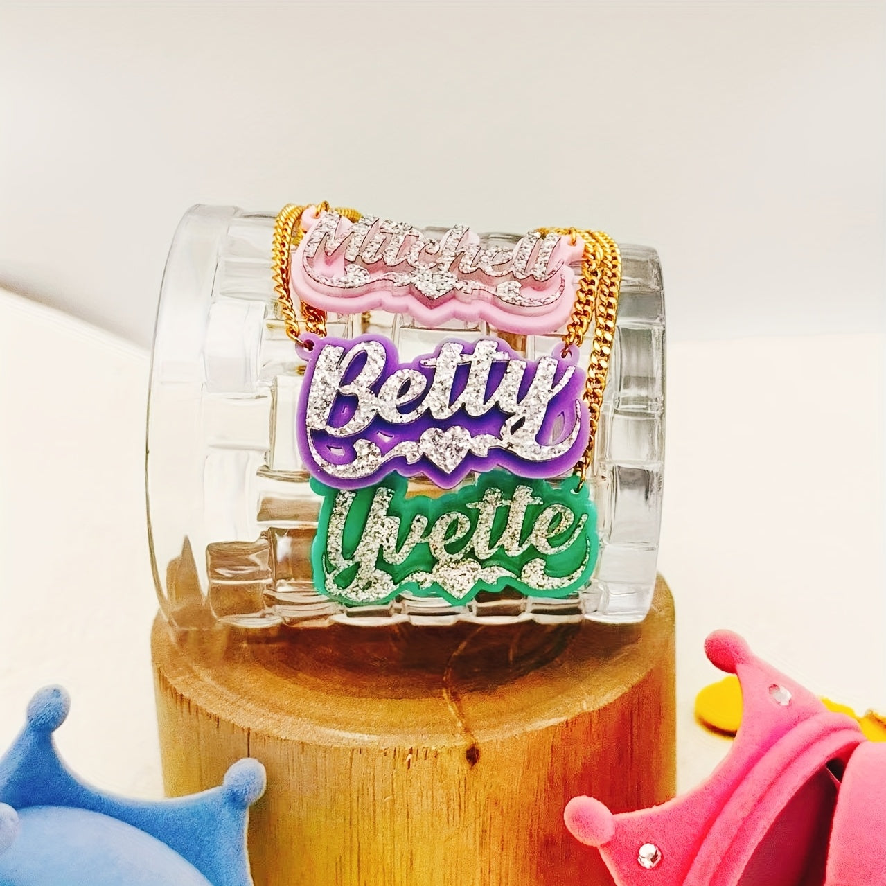 Personalized Acrylic Name Necklace with Heart Lace and Custom English Nameplate in Multiple Colors