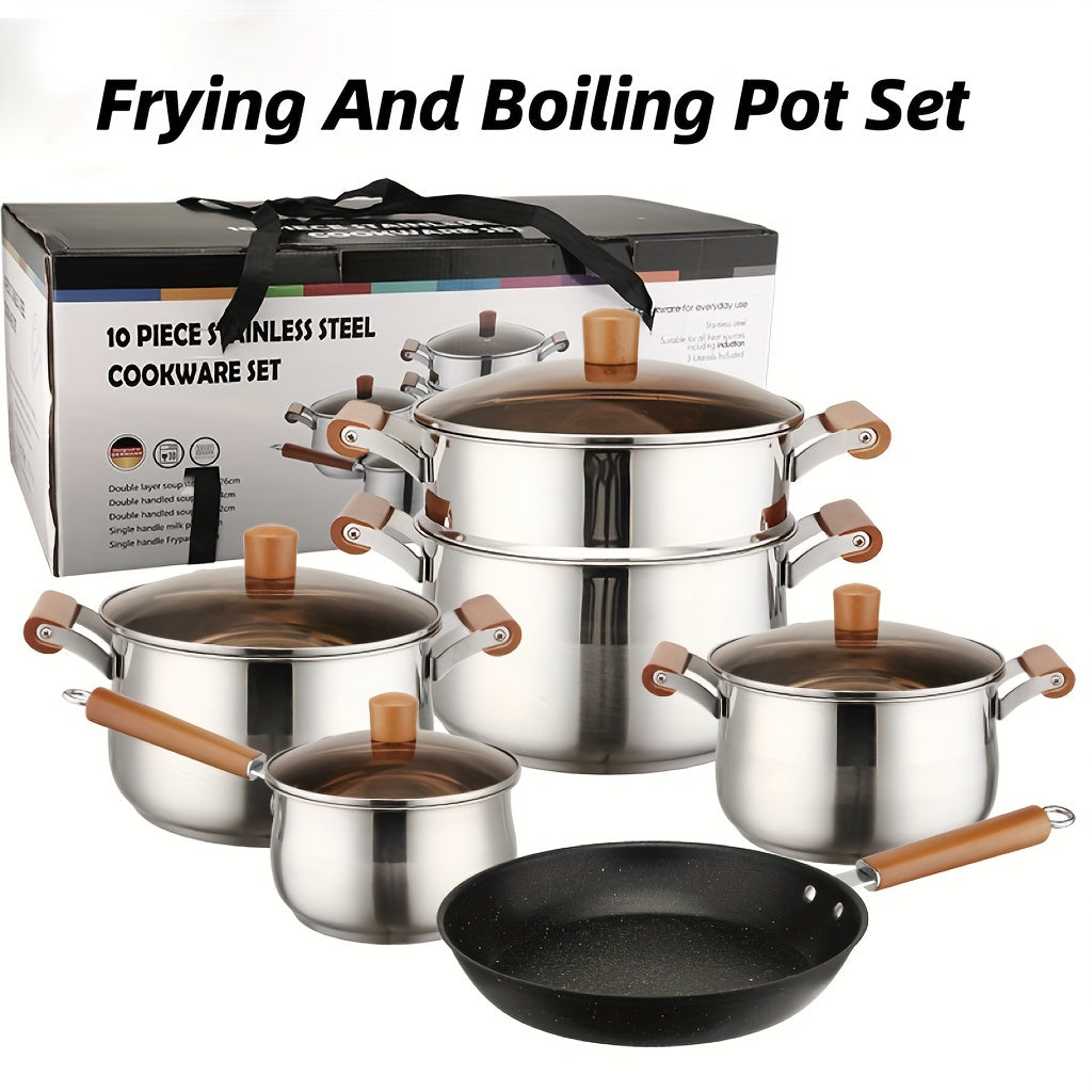 Stainless Steel Cookware Set 10 Pieces Non-Stick Skillet Induction Gas Compatible