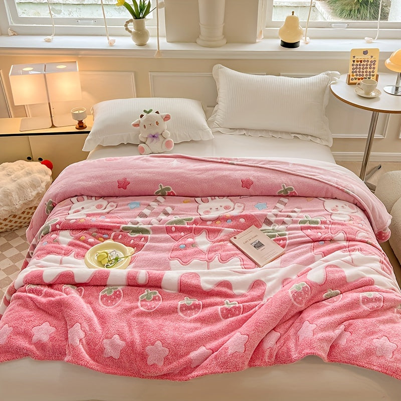 Pink Strawberry and Bear Pattern Blanket for Sofa Bed Naps Soft Cozy All-Season Polyester