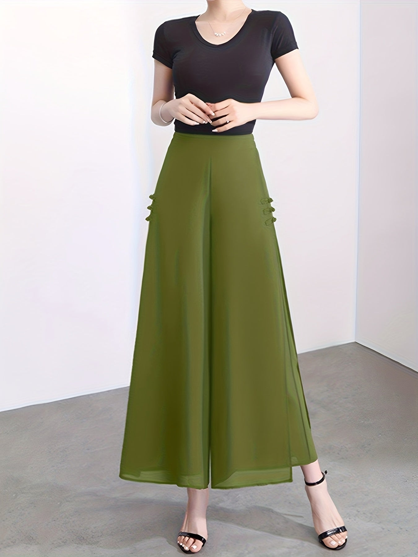 Plus Size Women's Double Layer Chiffon Skirt Pants Solid Color Side Slit Summery Formal Casual