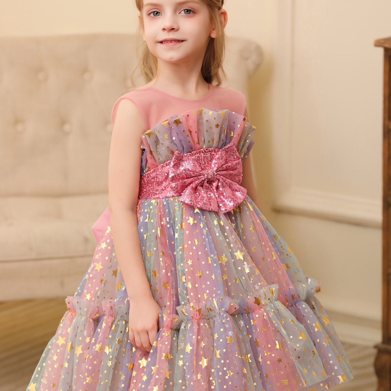 Girls Sequin Starry Sky Mesh Princess Dress with Bow for Birthday Parties