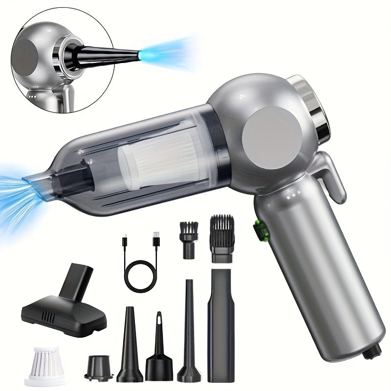 2-in-1 so‘ruvchi va puflovchi, quvvat ko‘rsatkichi, ko‘p funksiyali nozzle, USB orqali zaryadlanadigan, avtomobil, uy, ofis va kichik joylar uchun ixcham dizaynga ega portativ qo‘l vakuum tozalagichi.