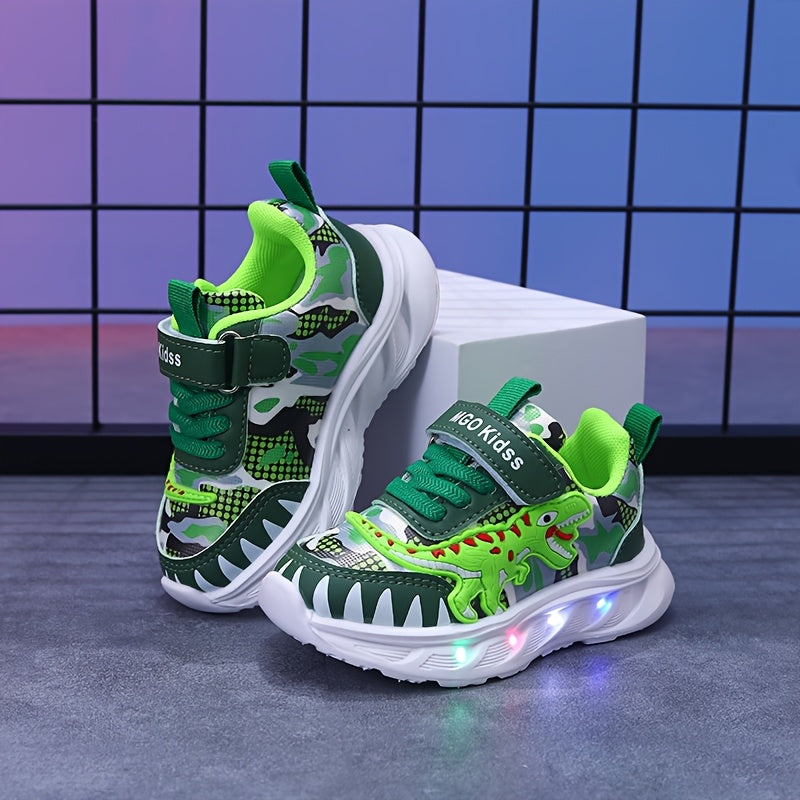 Kids' LED Dinosaur Sneakers Boys Girls Flashing T-Rex Casual Shoes with Hook-and-Loop Fastener