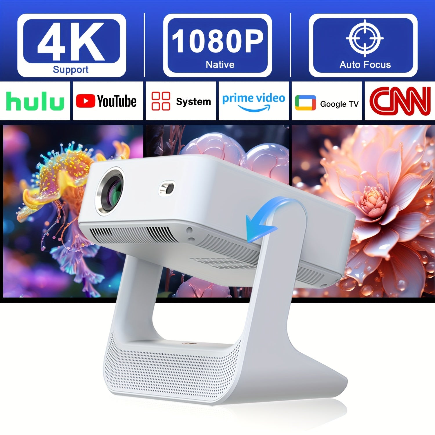 Портативный 4K домашний кинотеатр с сенсорным экраном, автофокусом и WiFi6