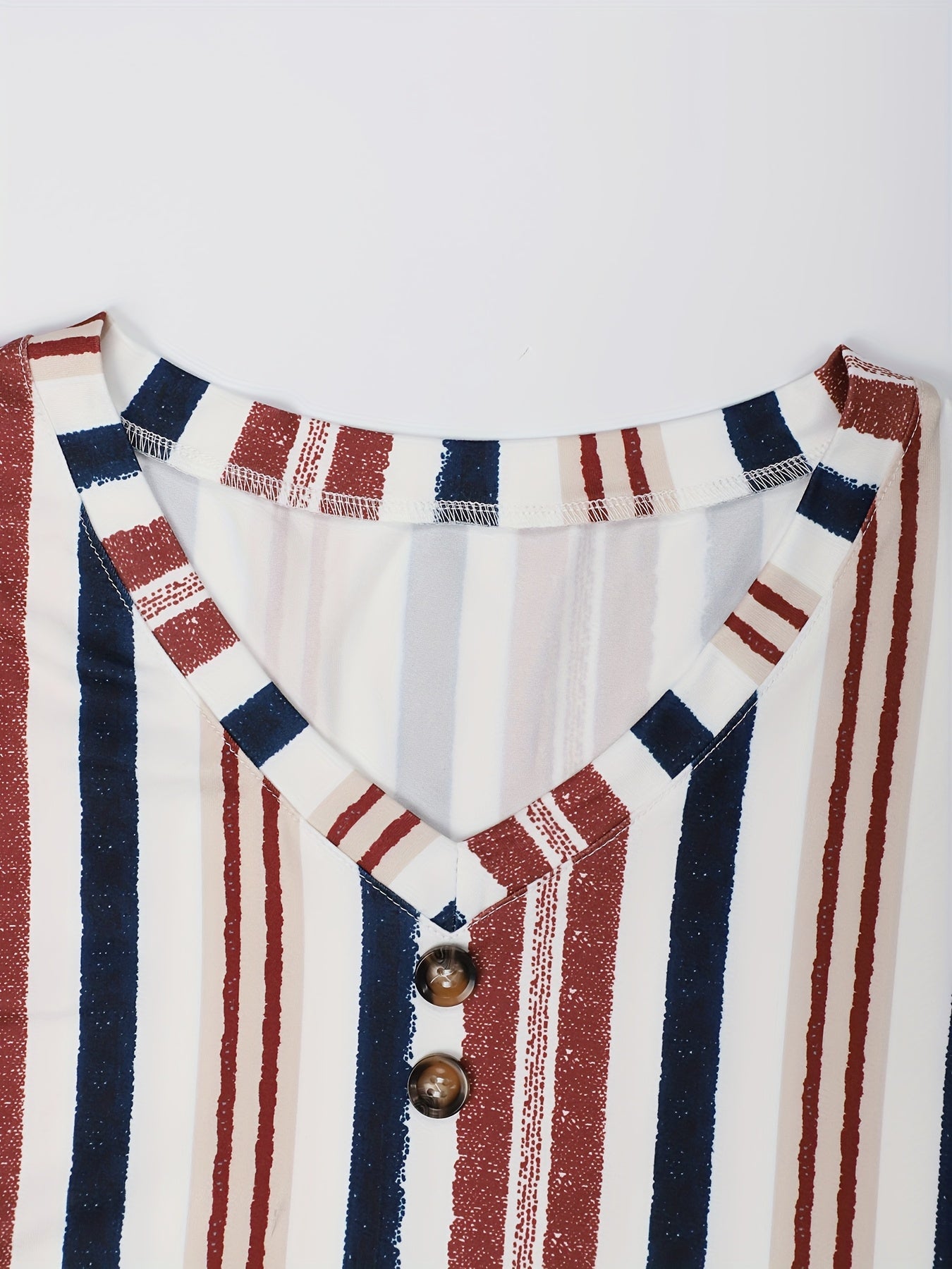 Plus Size Women's Striped V-Neck T-Shirt with Button Short Sleeve