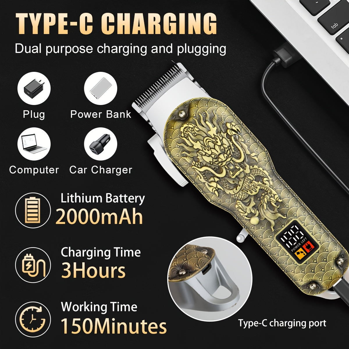 Men's Electric Hair Clipper Set Cordless USB Rechargeable Bronze Dragon