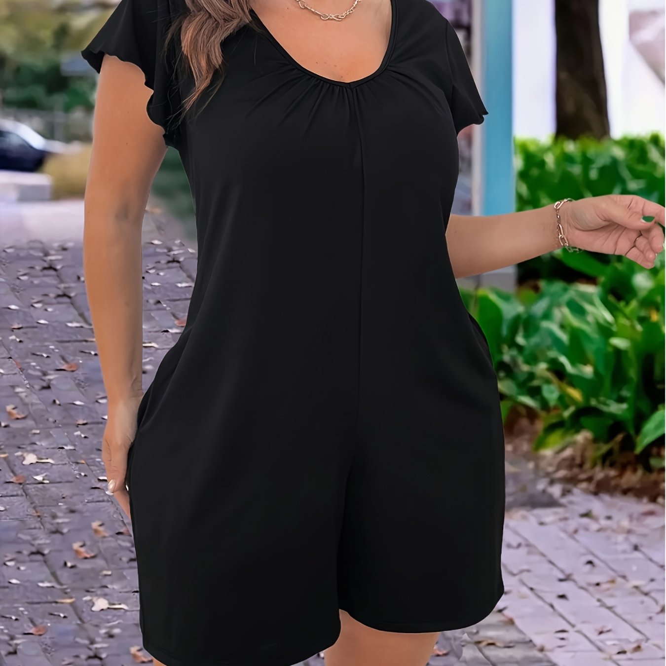 Plus Size Black Summer Jumpsuit Breathable Fabric Flared Legs Pockets