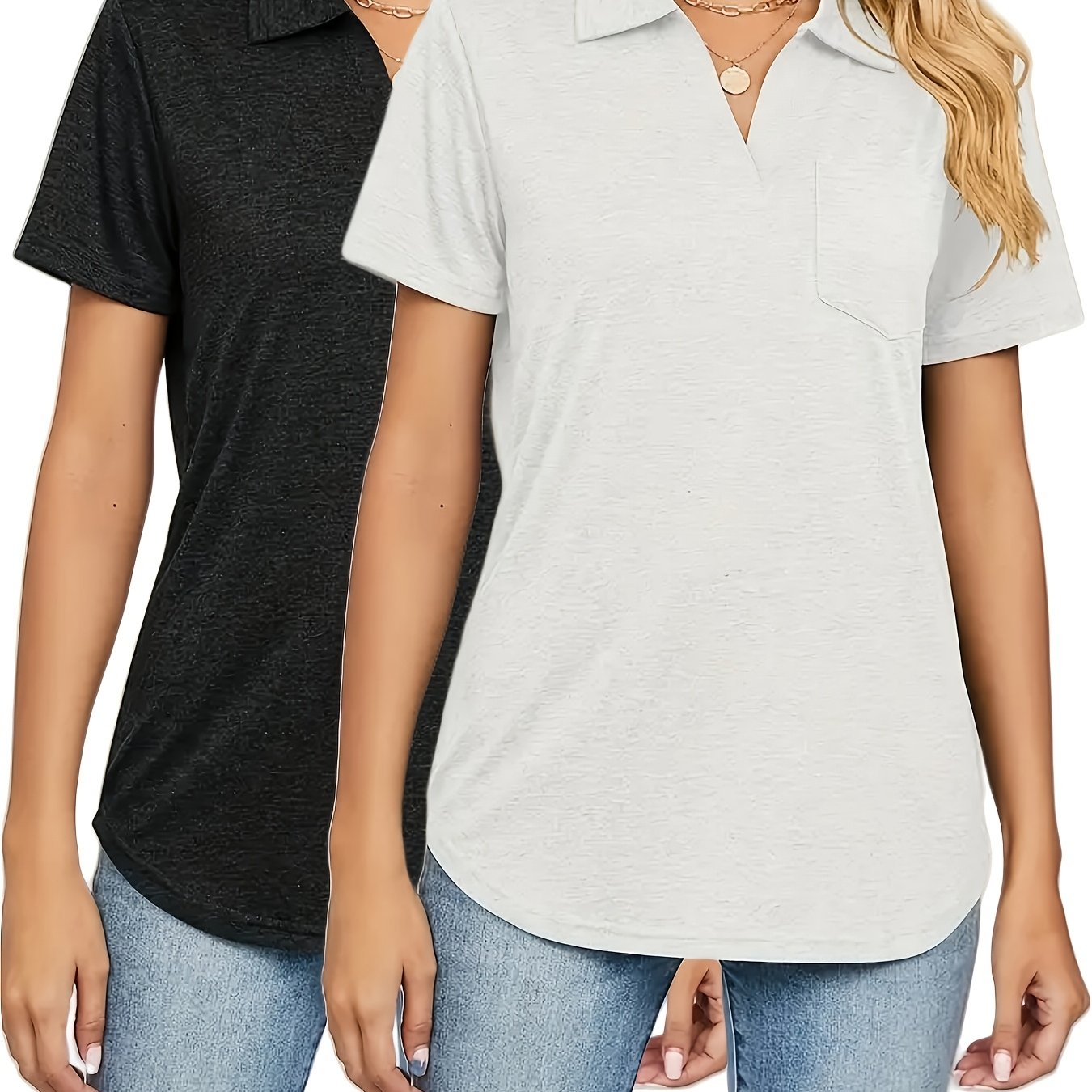 Women's Plus-Size Polo Shirts Set with Pockets Short-Sleeve Casual T-Shirts