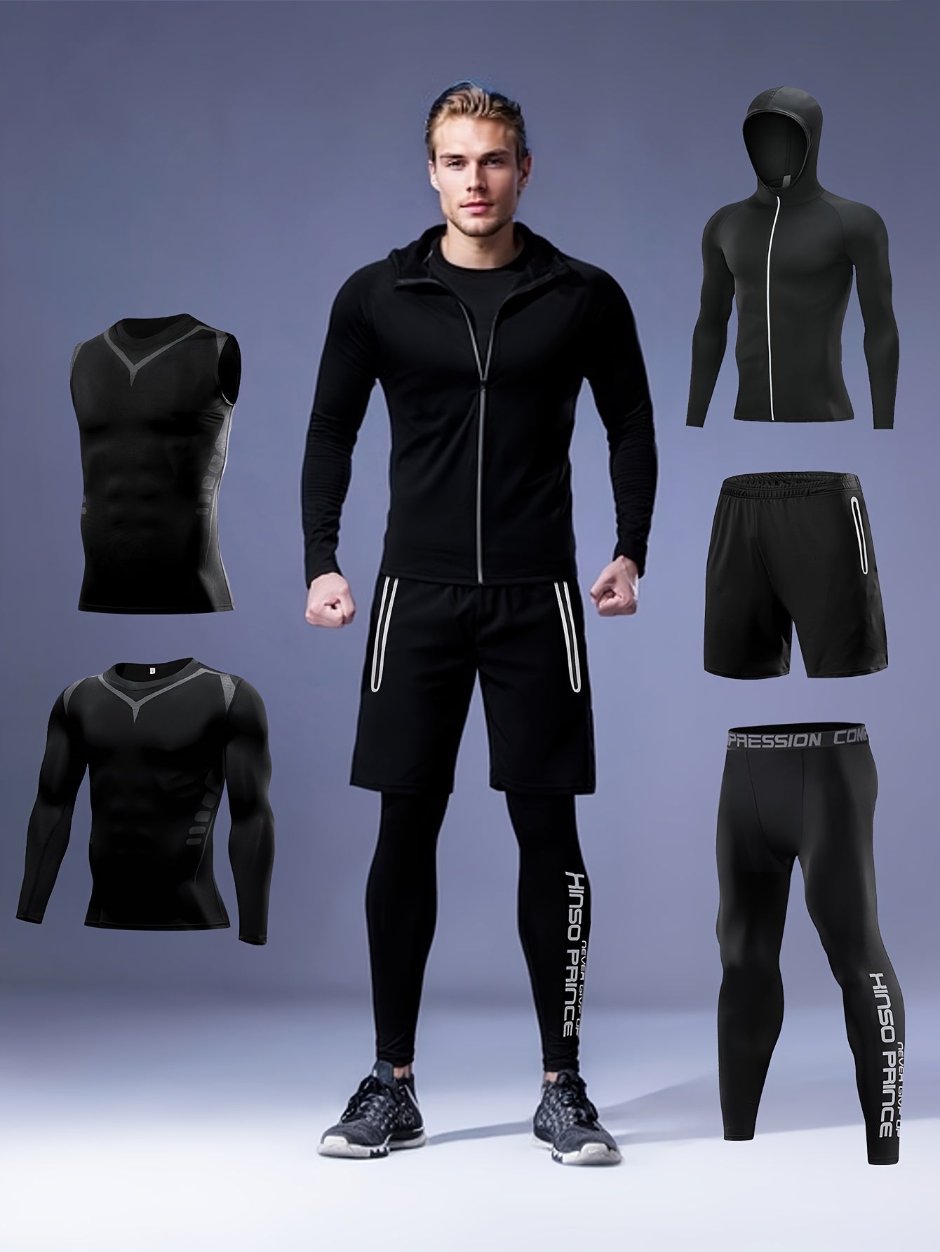 Men's Athletic Set Hooded Zip-Up Jacket Printed Sports Vest Compression Long Sleeve Top Shorts Leggings High Stretch Knit