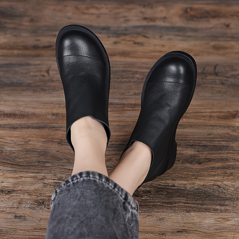 Women's Faux Leather Round Toe Zipper Short Boots with Low Heel and Ankle Support